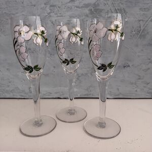 PERRIER JOUET CRYSTAL CHAMPAGNE GOBLETS LIGHT PINK FLORAL 7.5” 4 OZ  Set Of 3